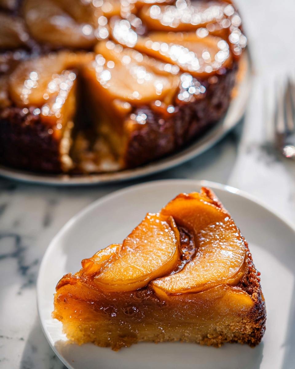 A close-up of a slice of Caramel Apple Upside Down Cake topped with glistening caramelized apple slices.