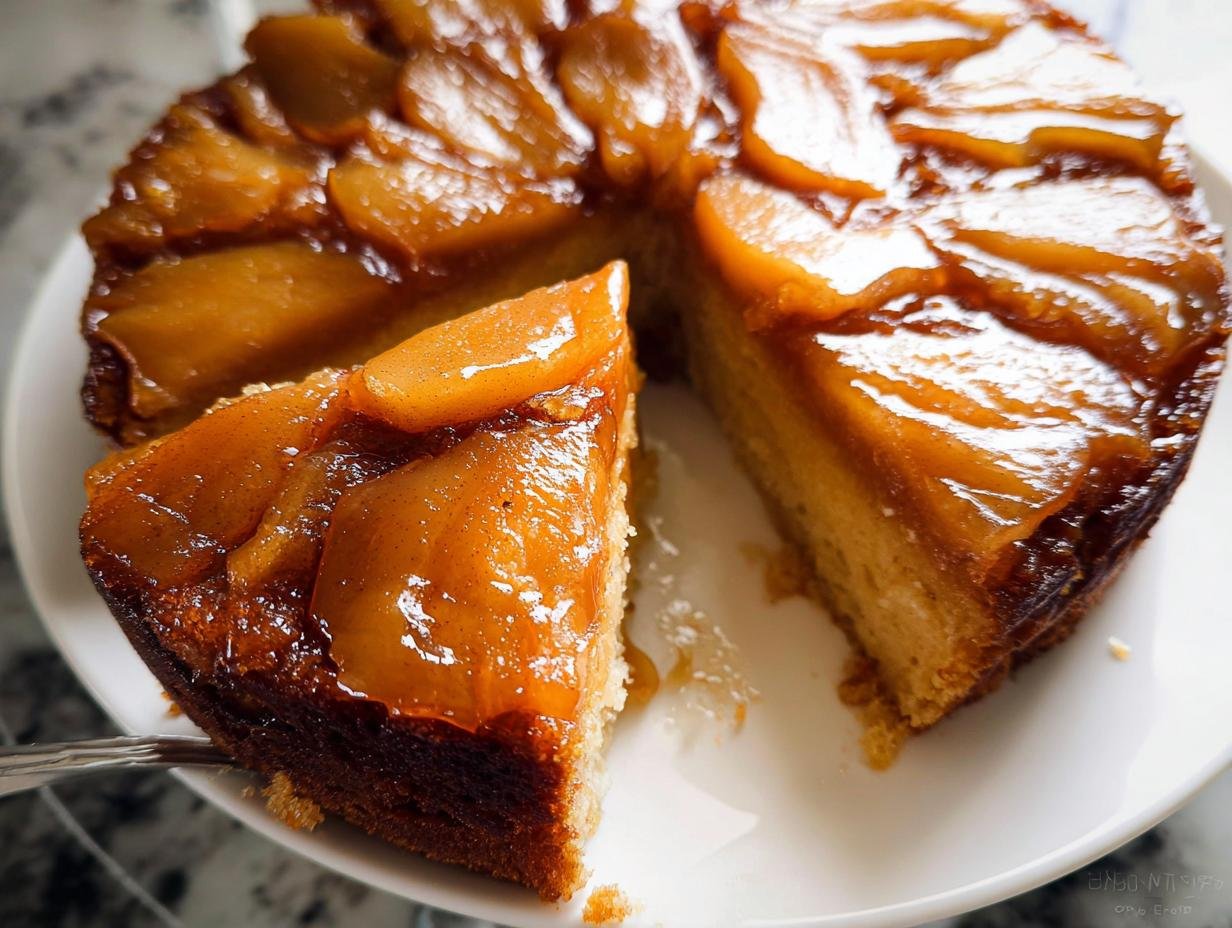 A slice being lifted from a glistening Caramel Apple Upside Down Cake topped with rich, sticky caramel apples.