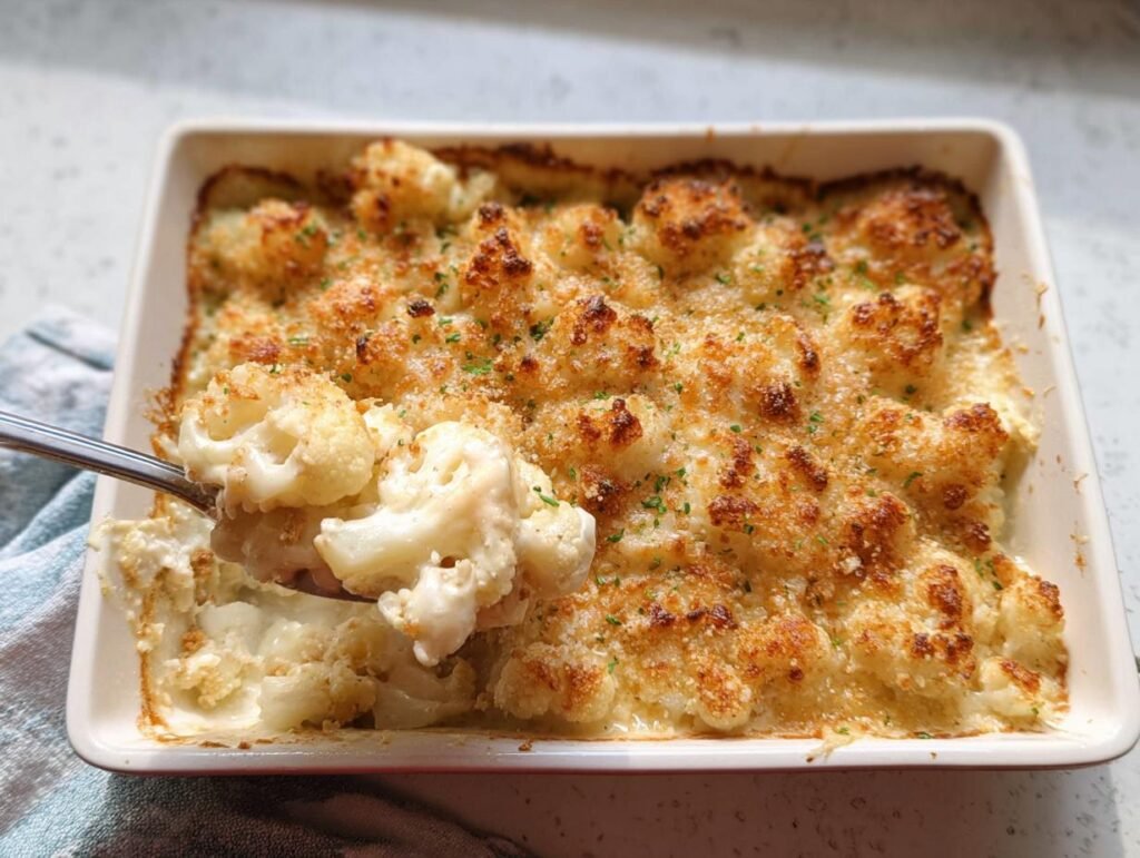 A spoonful of creamy Cauliflower Gratin Cheesy Bake being lifted from a white baking dish with a golden, crispy topping.