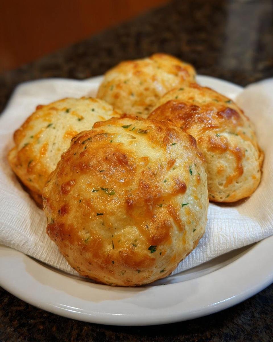 Four golden brown Cheddar Chive Dinner Rolls topped with melted cheese and flecks of green herbs, served on a white plate.