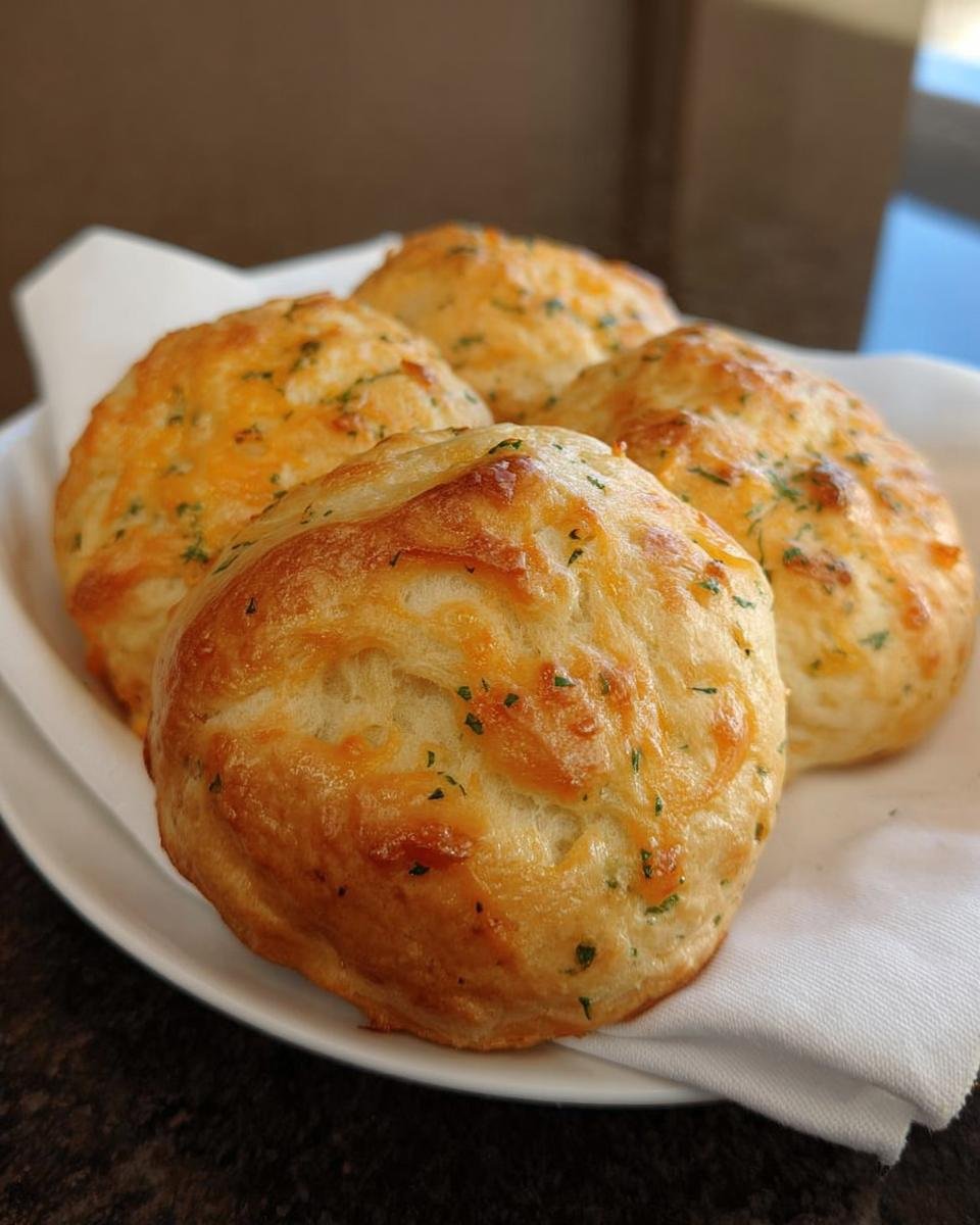 Four golden-brown Cheddar Chive Dinner Rolls topped with melted cheese and green herbs, served on a white plate.