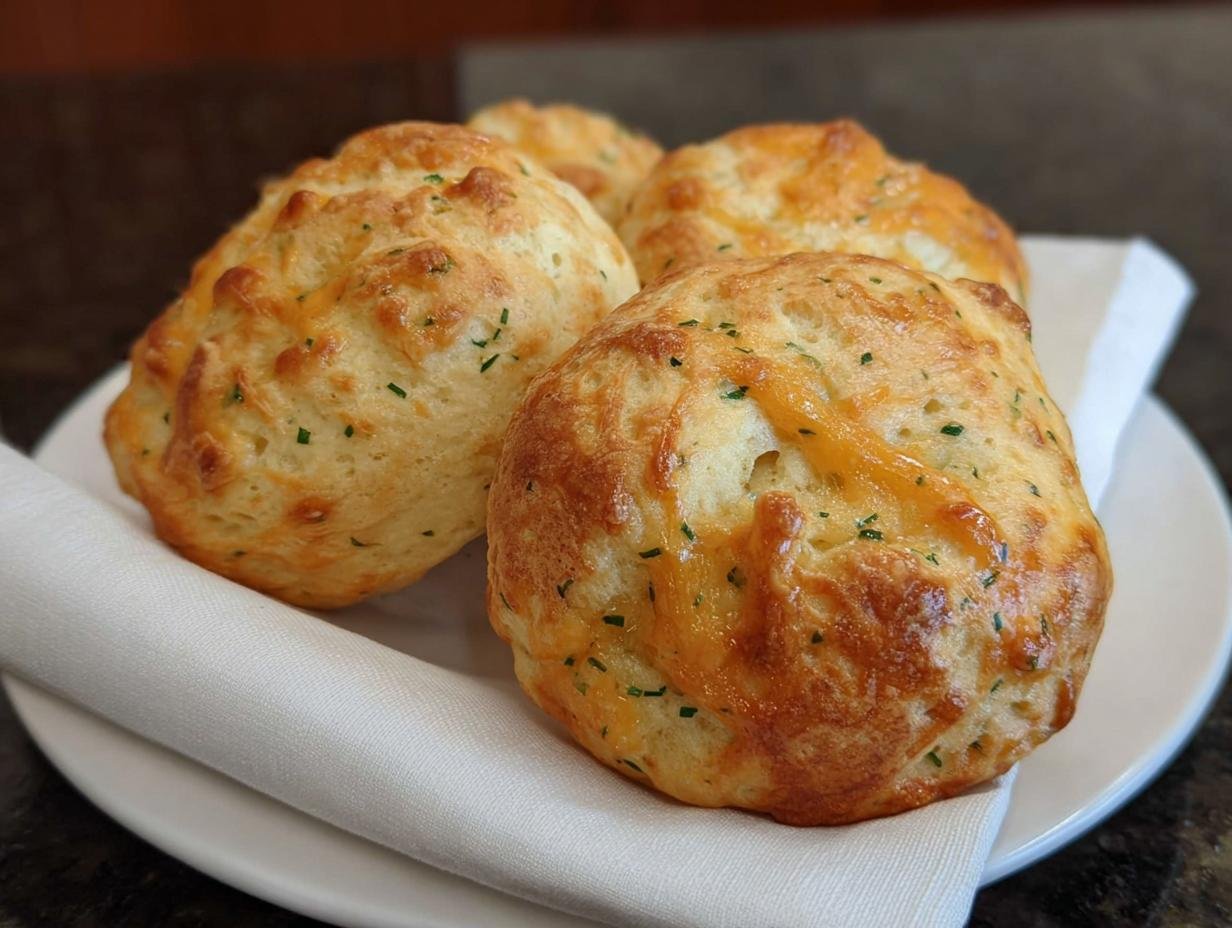 A close-up of four golden-brown Cheddar Chive Dinner Rolls topped with melted cheese and green herbs.