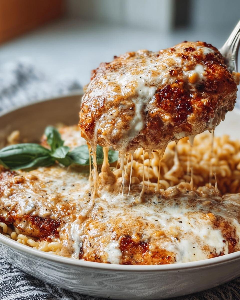 A piece of breaded chicken topped with melted cheese is lifted from a Cottage Cheese Chicken Parm Bowl, showing long cheese pulls.