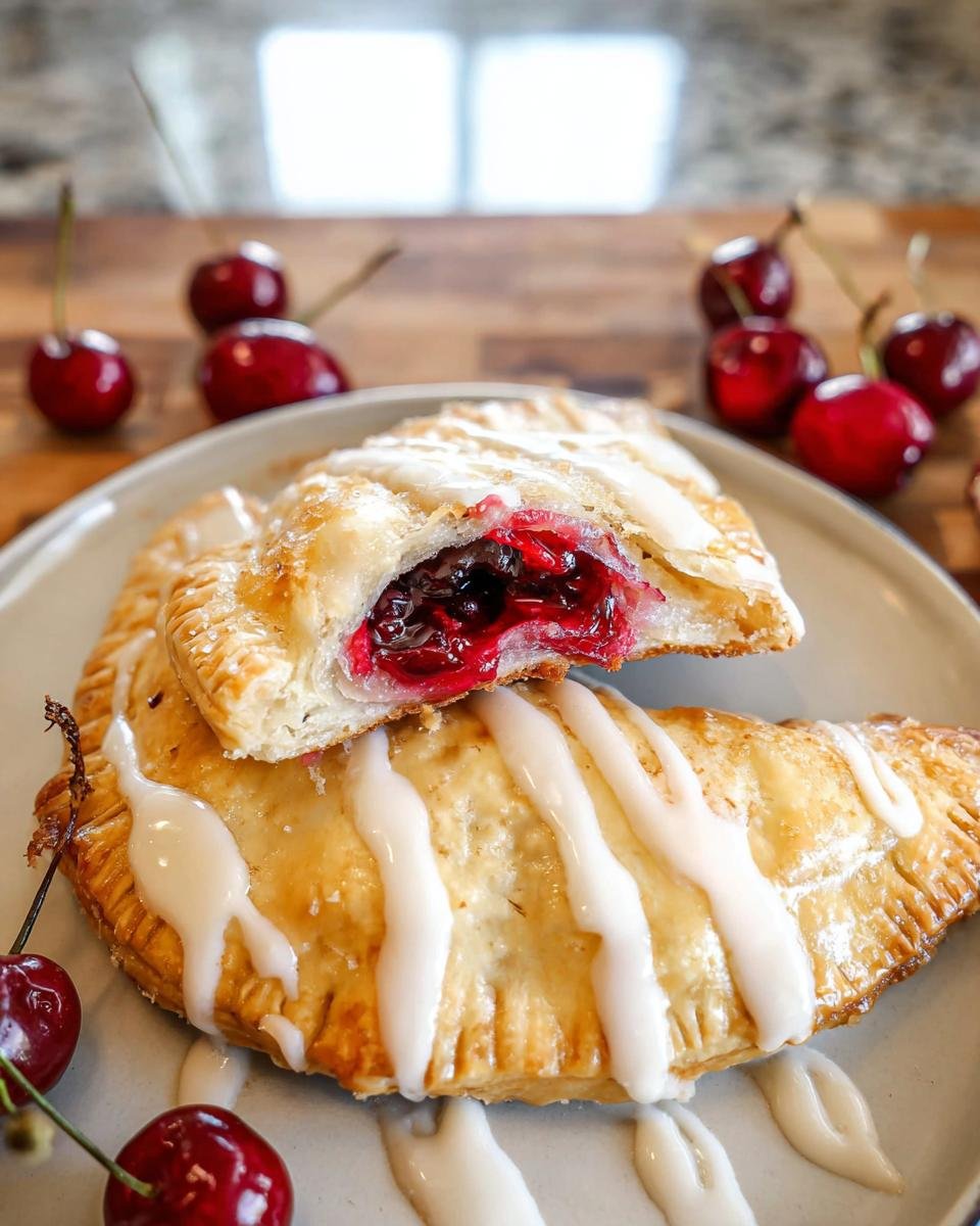 Two flaky Cherry Hand Pies drizzled with white icing, one cut open to show the juicy cherry filling.