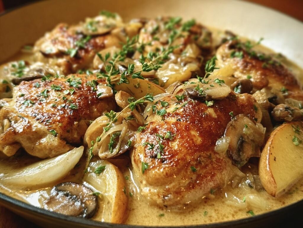 Close-up of golden seared Chicken Normandy pieces simmering in a rich, creamy sauce with mushrooms and onions.