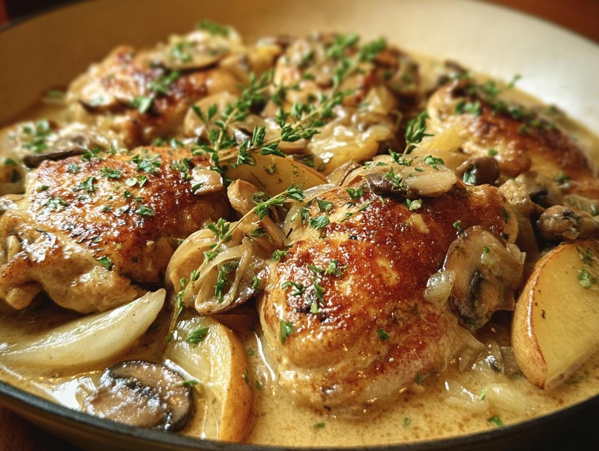 Close-up of golden seared Chicken Normandy pieces simmering in a rich, creamy sauce with mushrooms and onions.