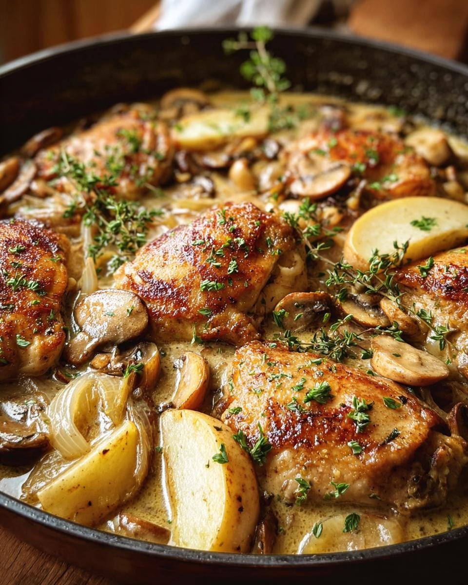 Close-up of Chicken Normandy featuring golden-brown chicken thighs in a creamy sauce with mushrooms, onions, and potato wedges.