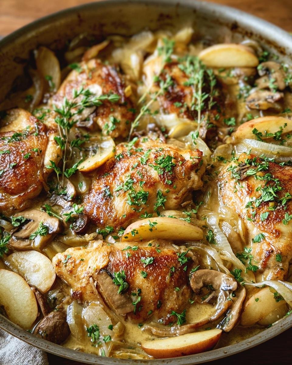 Close-up of golden-brown Chicken Normandy thighs simmering in a creamy sauce with sliced apples, mushrooms, and fresh thyme.