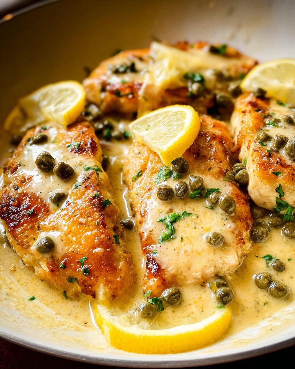 Close-up of golden seared Chicken Piccata with Lemon sauce, capers, and fresh lemon slices.