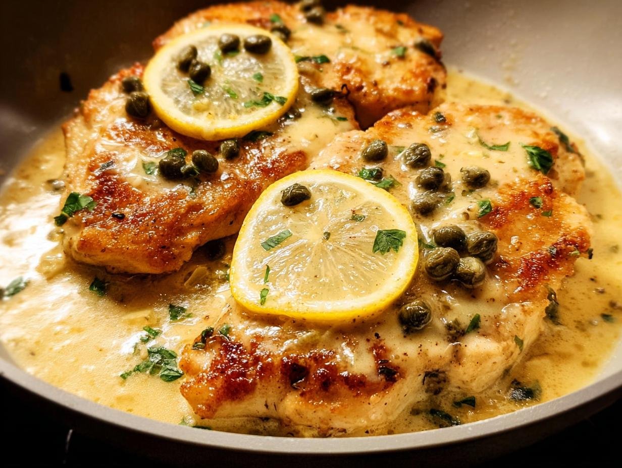 Close-up of pan-seared Chicken Piccata with Lemon slices and capers in a rich, creamy lemon sauce.