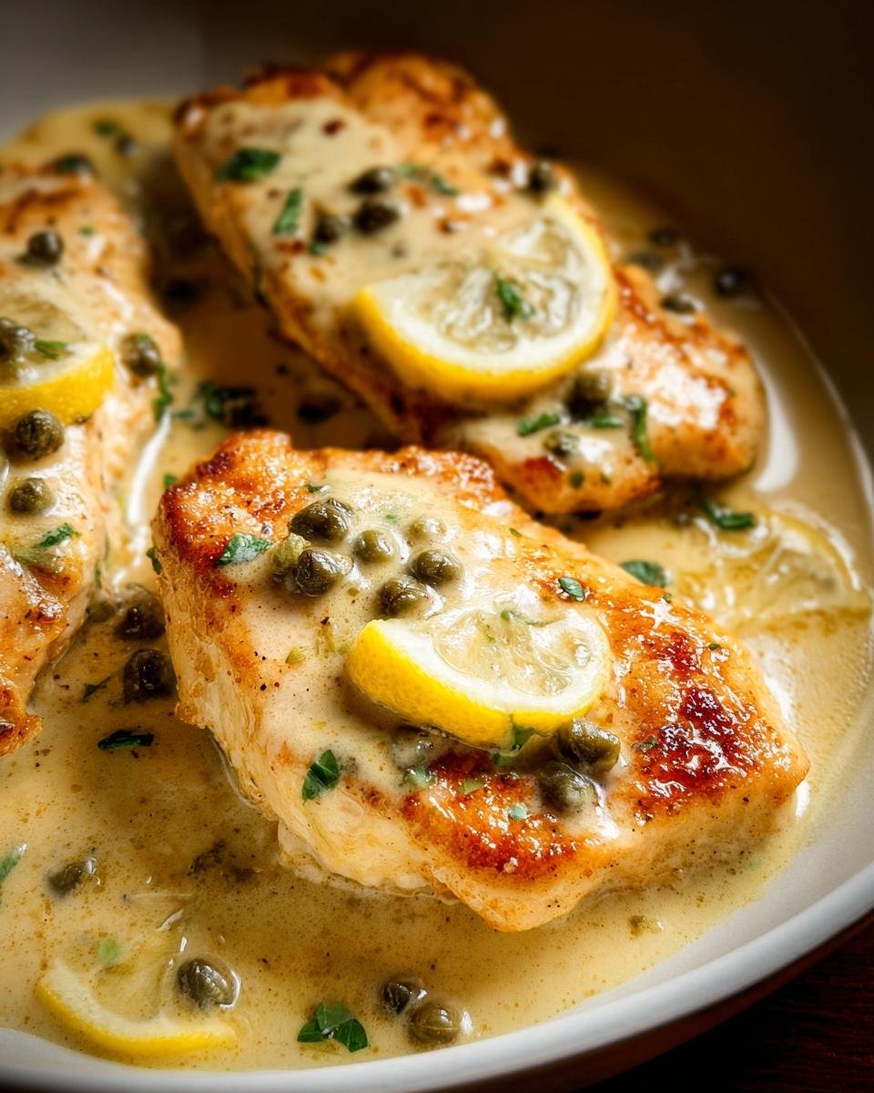 Close-up of pan-seared Chicken Piccata with Lemon sauce, capers, and fresh parsley garnish.