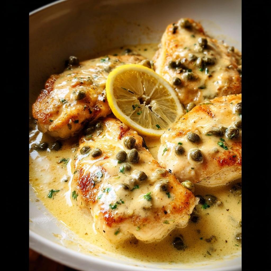 Close-up of pan-seared Chicken Piccata with Lemon sauce, capers, and a lemon slice garnish.