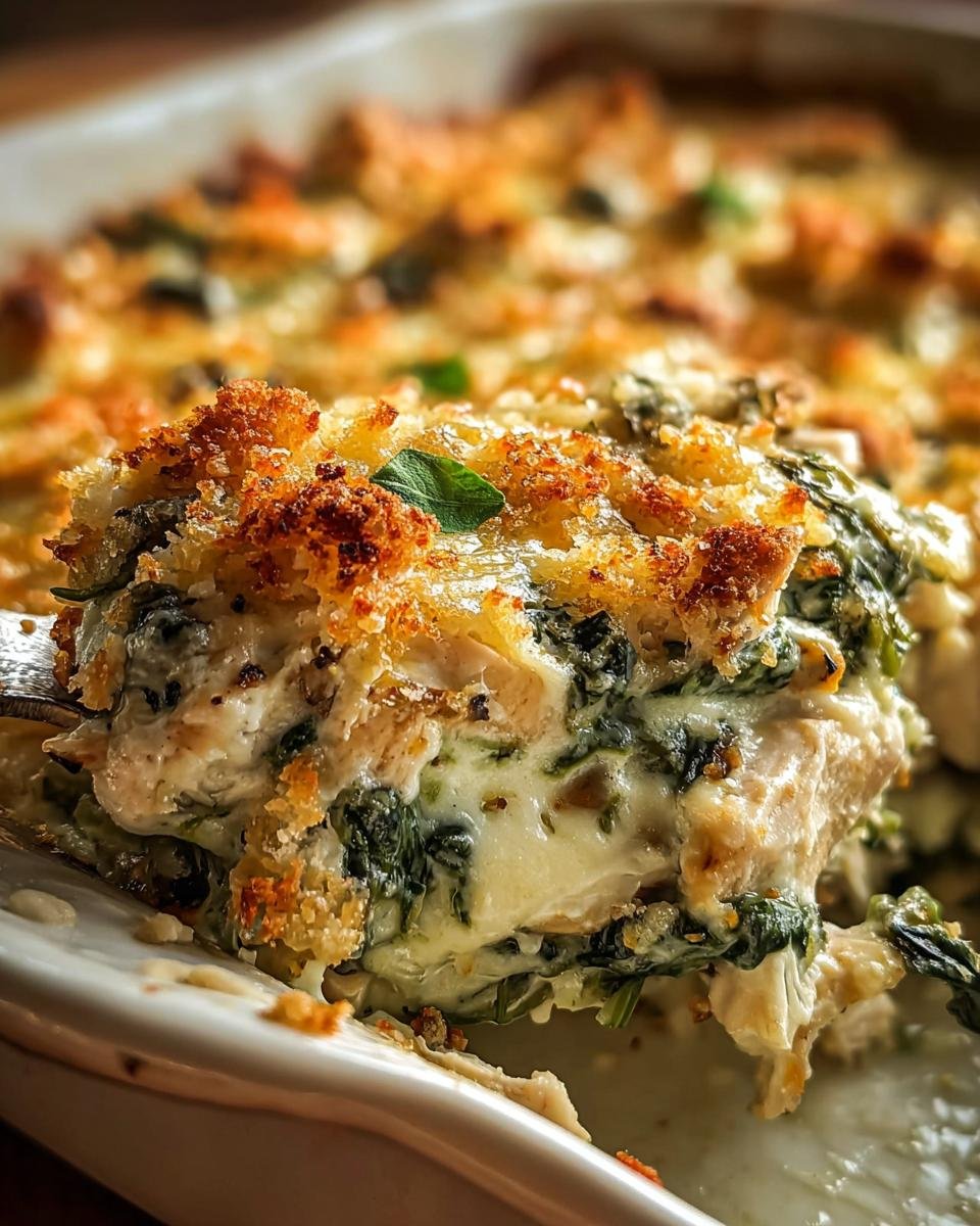 Close up of Chicken and Spinach Casserole with Cream, showing layers of chicken, spinach, creamy sauce, and a golden crust.
