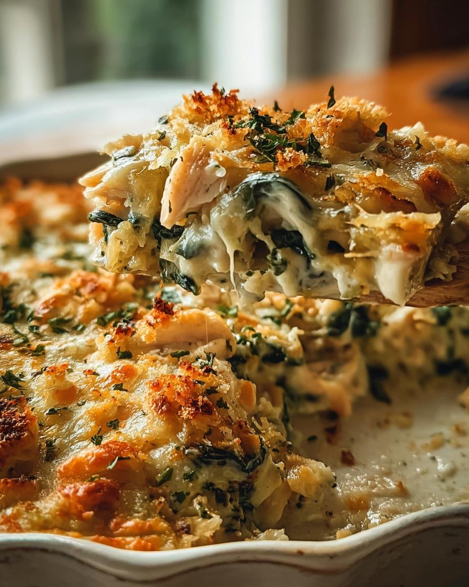 A slice of Chicken and Spinach Casserole with Cream being lifted, showing layers of chicken, spinach, and creamy sauce.