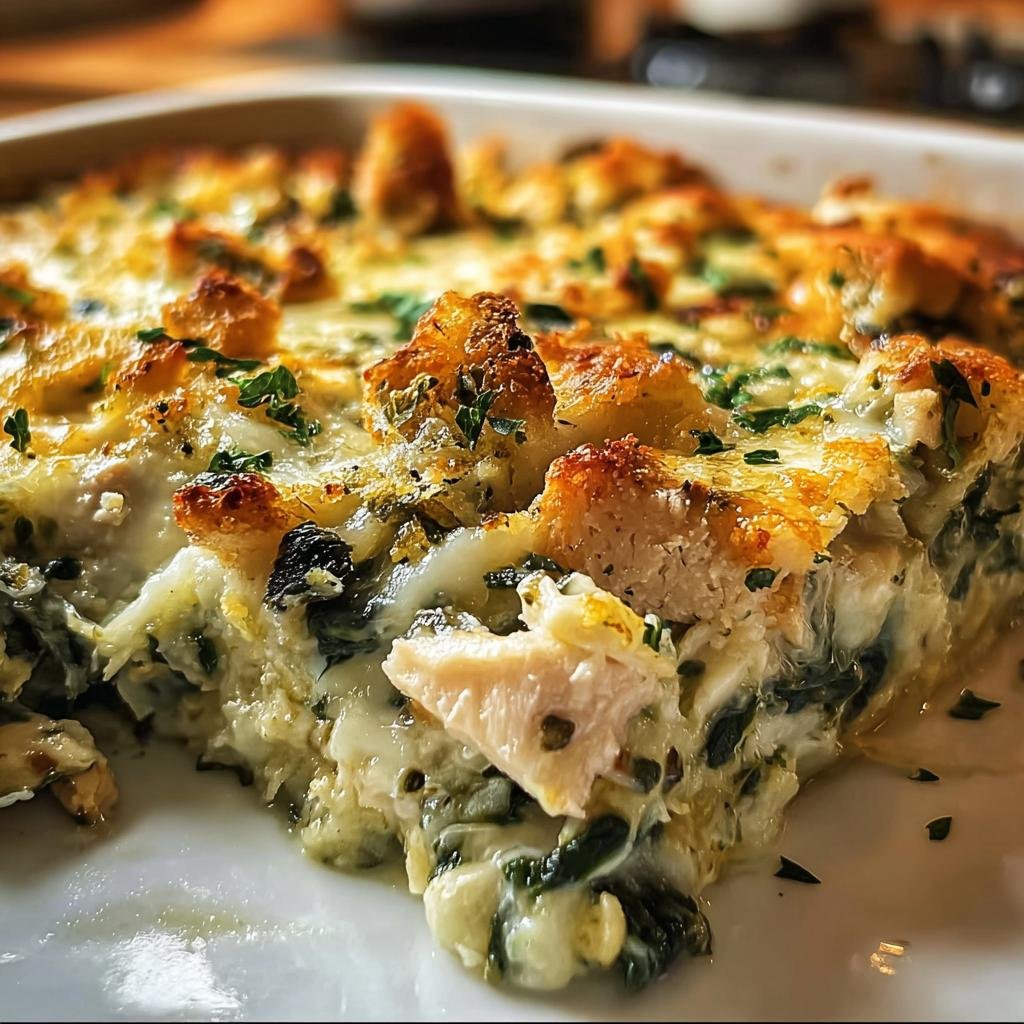 A slice of Chicken and Spinach Casserole with Cream, showing layers of chicken, spinach, creamy sauce, and a golden topping.