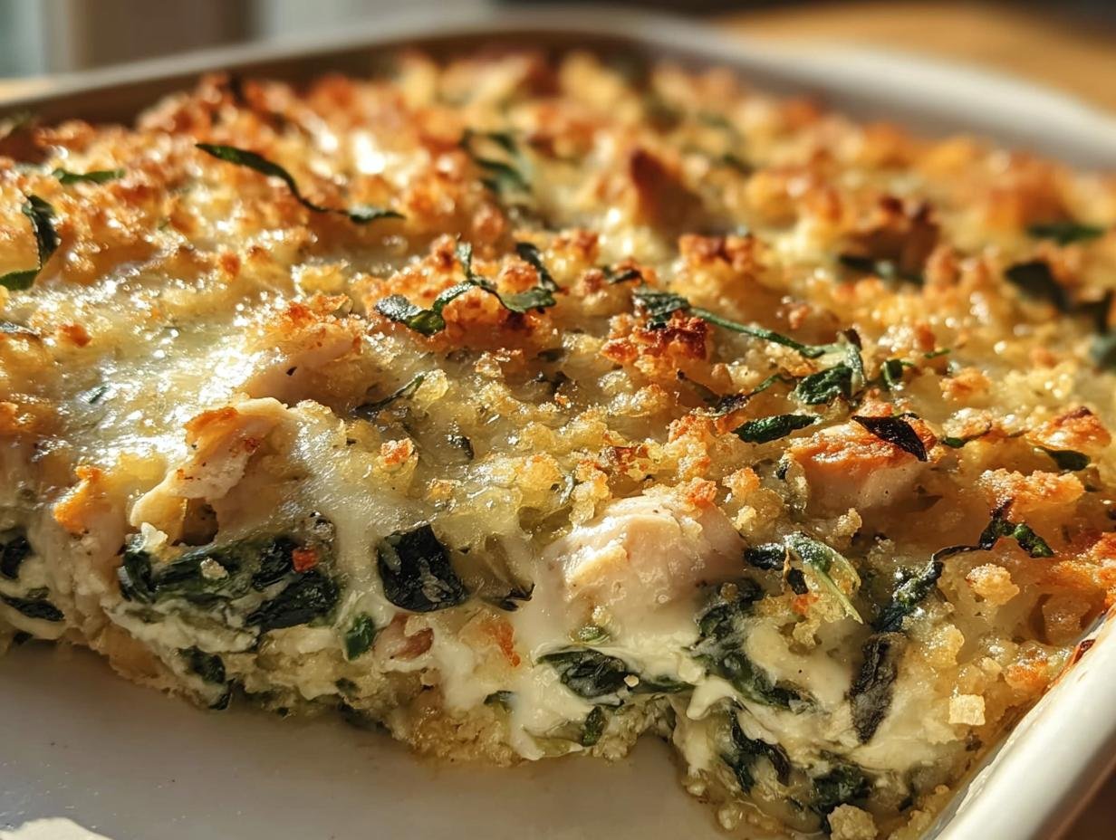 Close-up of Chicken and Spinach Casserole with Cream, showing layers of spinach, chicken, creamy sauce, and a golden crust.