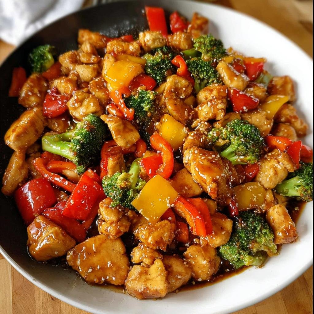 Close-up of vibrant Chicken Stir Fry Weeknight Saver with chicken, broccoli, and red/yellow peppers in a savory sauce.