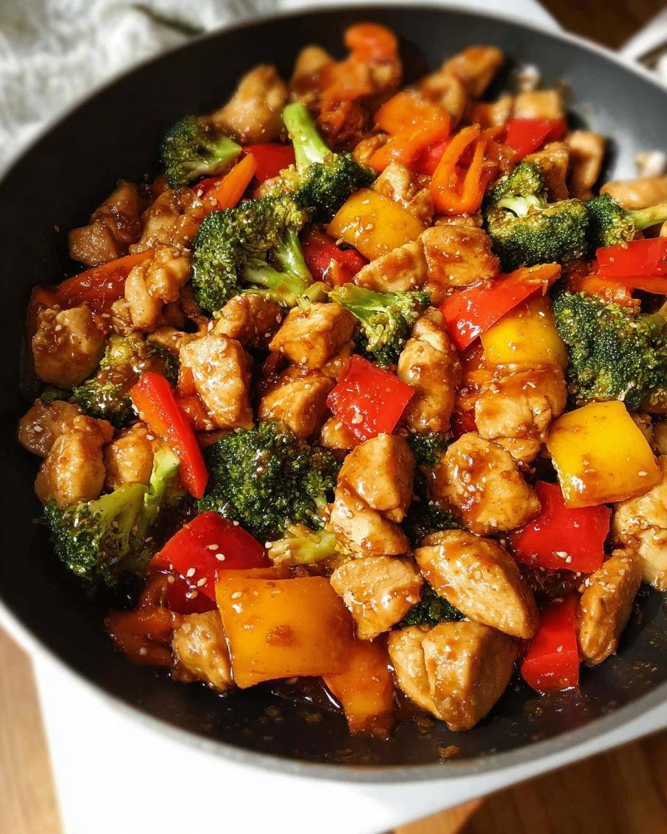 Close-up of Chicken Stir Fry Weeknight Saver with broccoli and colorful bell peppers coated in sauce.