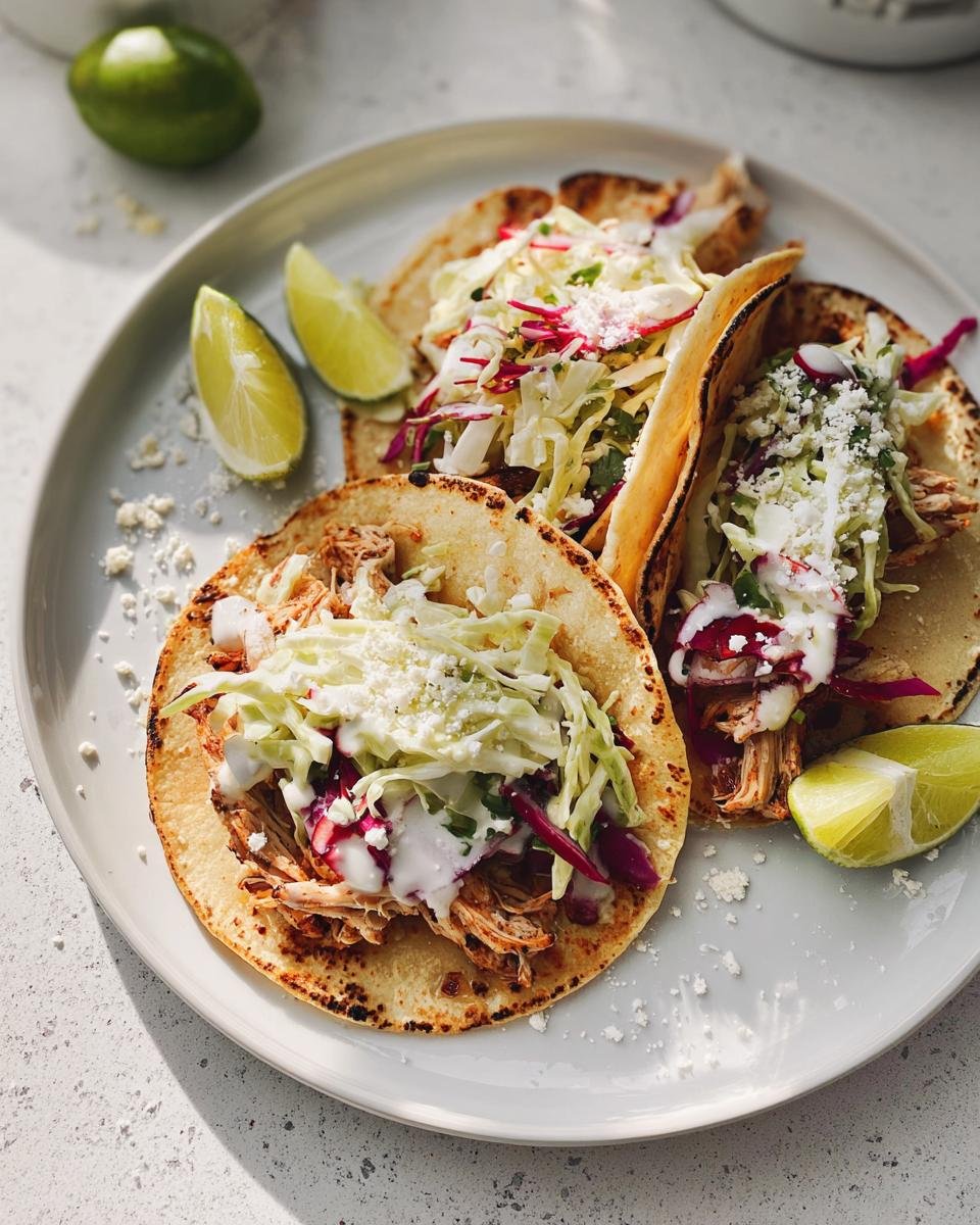 Three delicious Chicken Tacos with Lime Slaw piled high on warm tortillas, served with lime wedges.