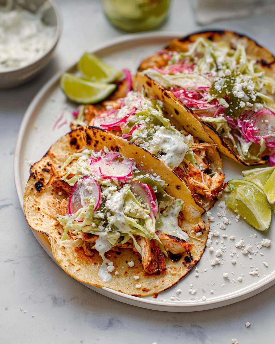 Three fully loaded Chicken Tacos with Lime Slaw, radishes, and crumbled cheese served on a white plate.