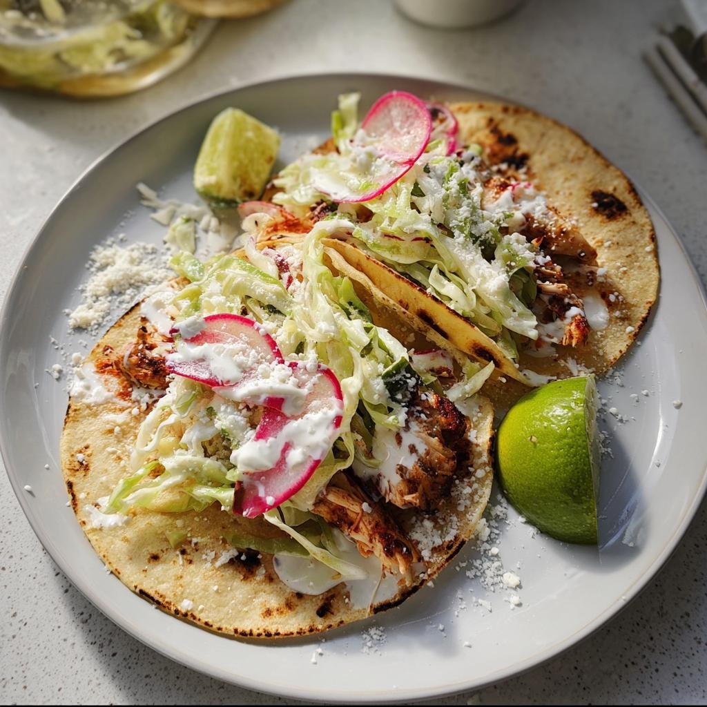 Two fully loaded Chicken Tacos with Lime Slaw, topped with radishes, cotija cheese, and crema, served with lime wedges.