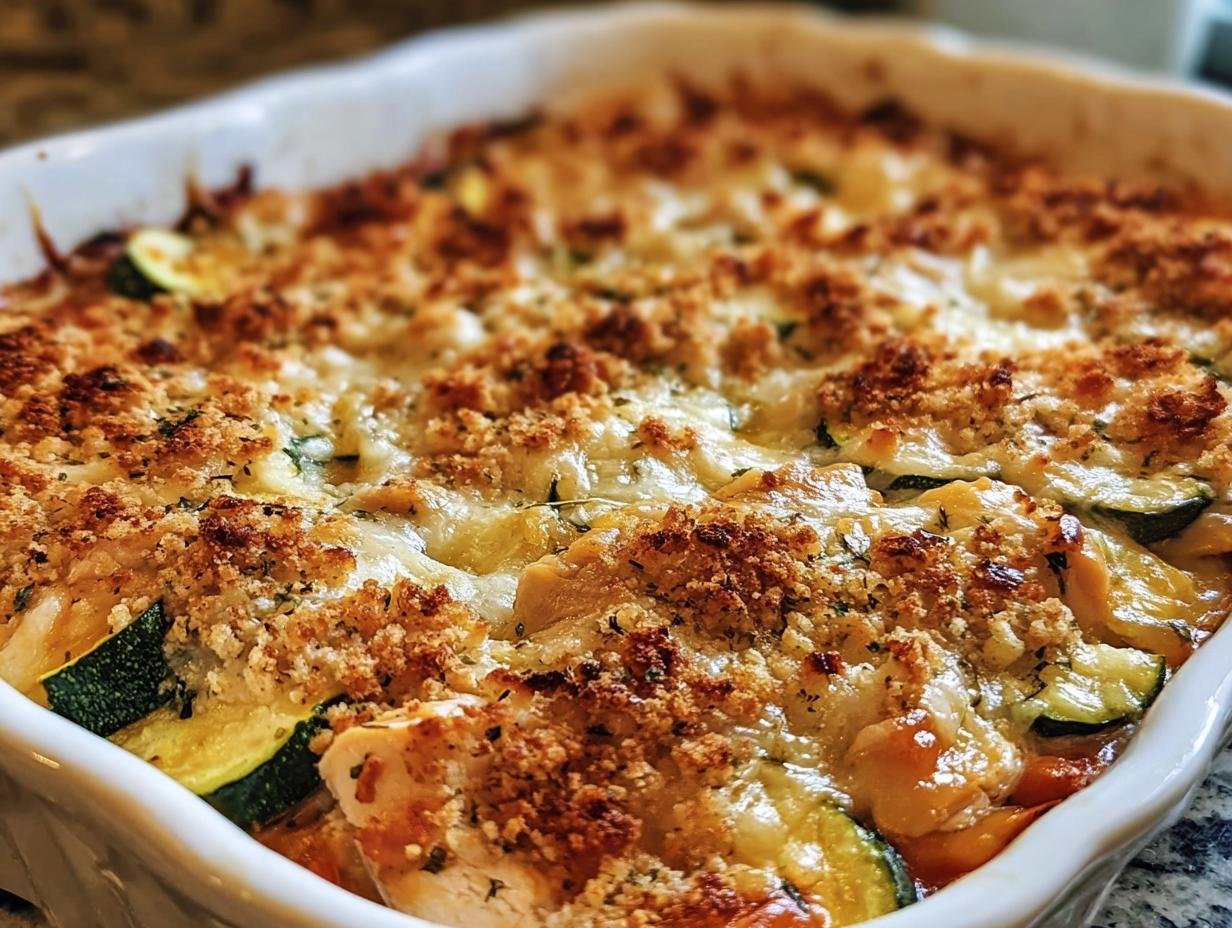 Close-up of a bubbling Chicken Zucchini Bake in a white dish, topped with melted cheese and golden breadcrumbs.