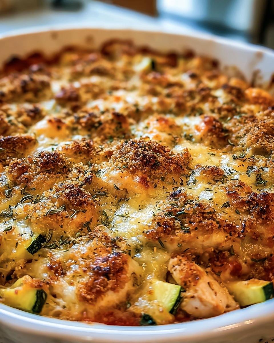 Close-up of a bubbling Chicken Zucchini Bake with melted cheese and a golden breadcrumb topping.