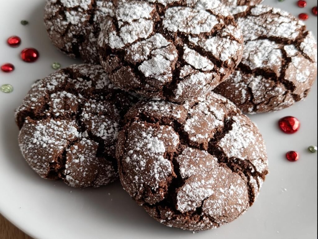 A plate of freshly baked Chocolate Crinkle Cookies, heavily dusted with powdered sugar.