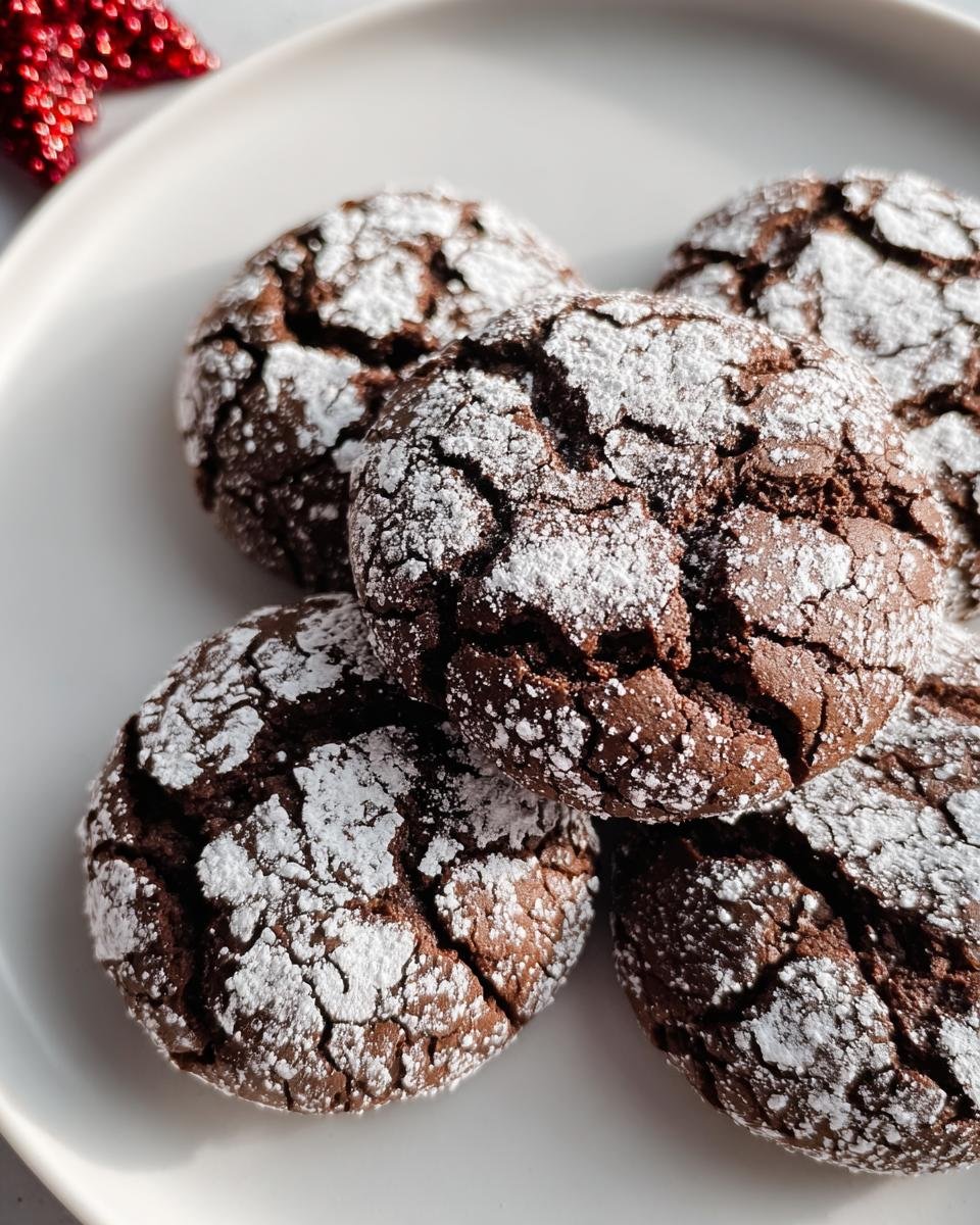 A close-up of several Chocolate Crinkle Cookies, heavily dusted with powdered sugar, on a white plate.