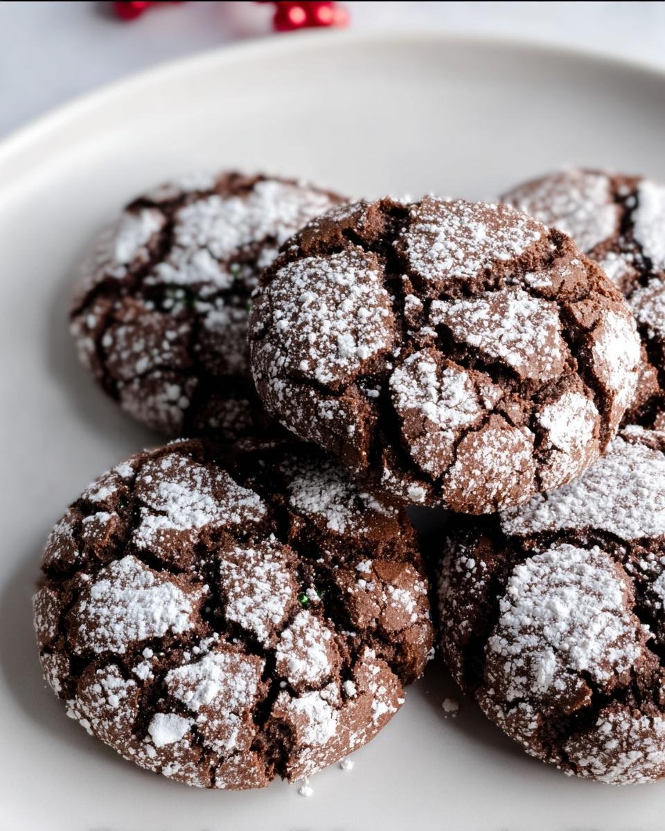 A close-up of several Chocolate Crinkle Cookies dusted with powdered sugar on a white plate.