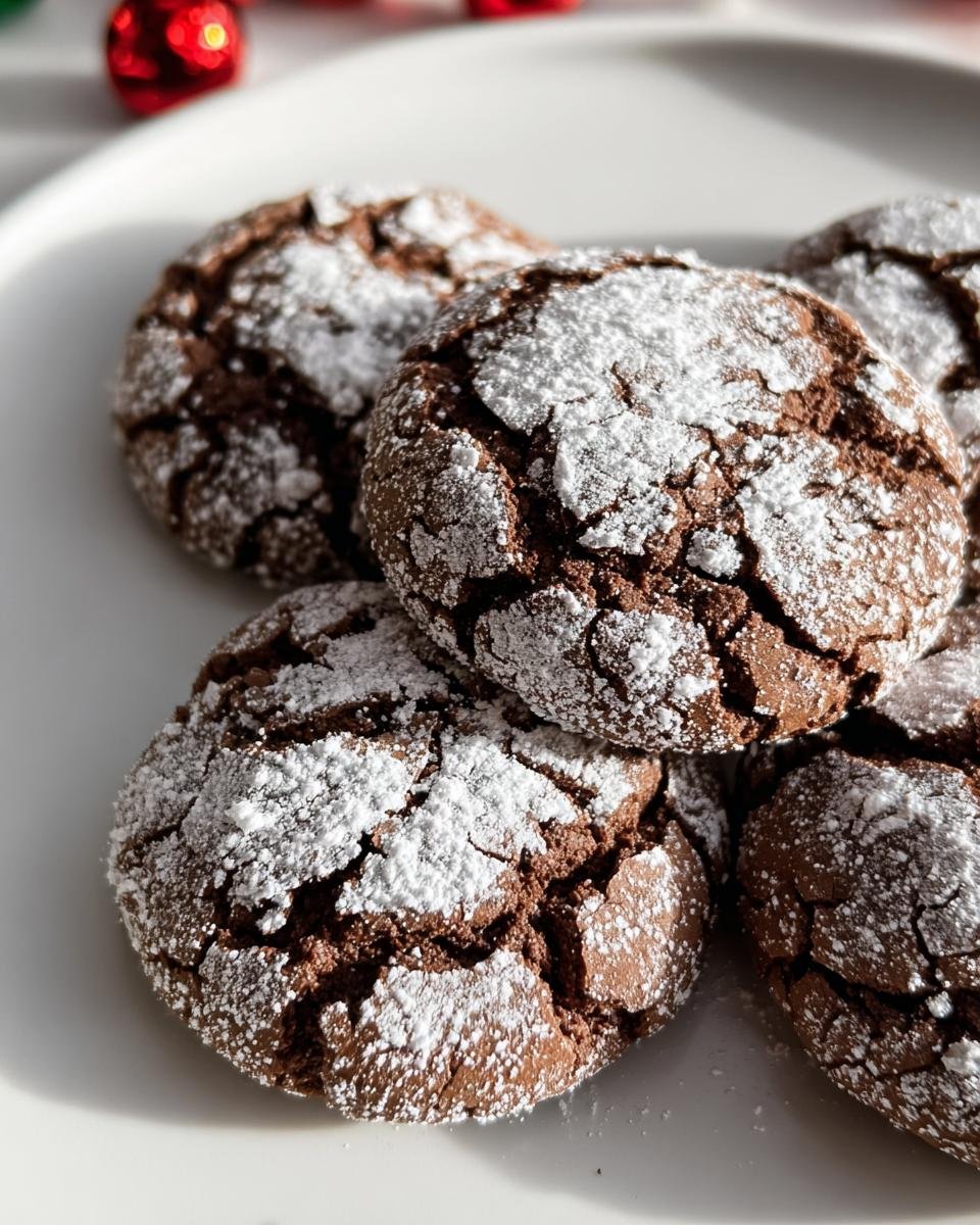 A plate of delicious homemade Chocolate Crinkle Cookies, dusted with powdered sugar.