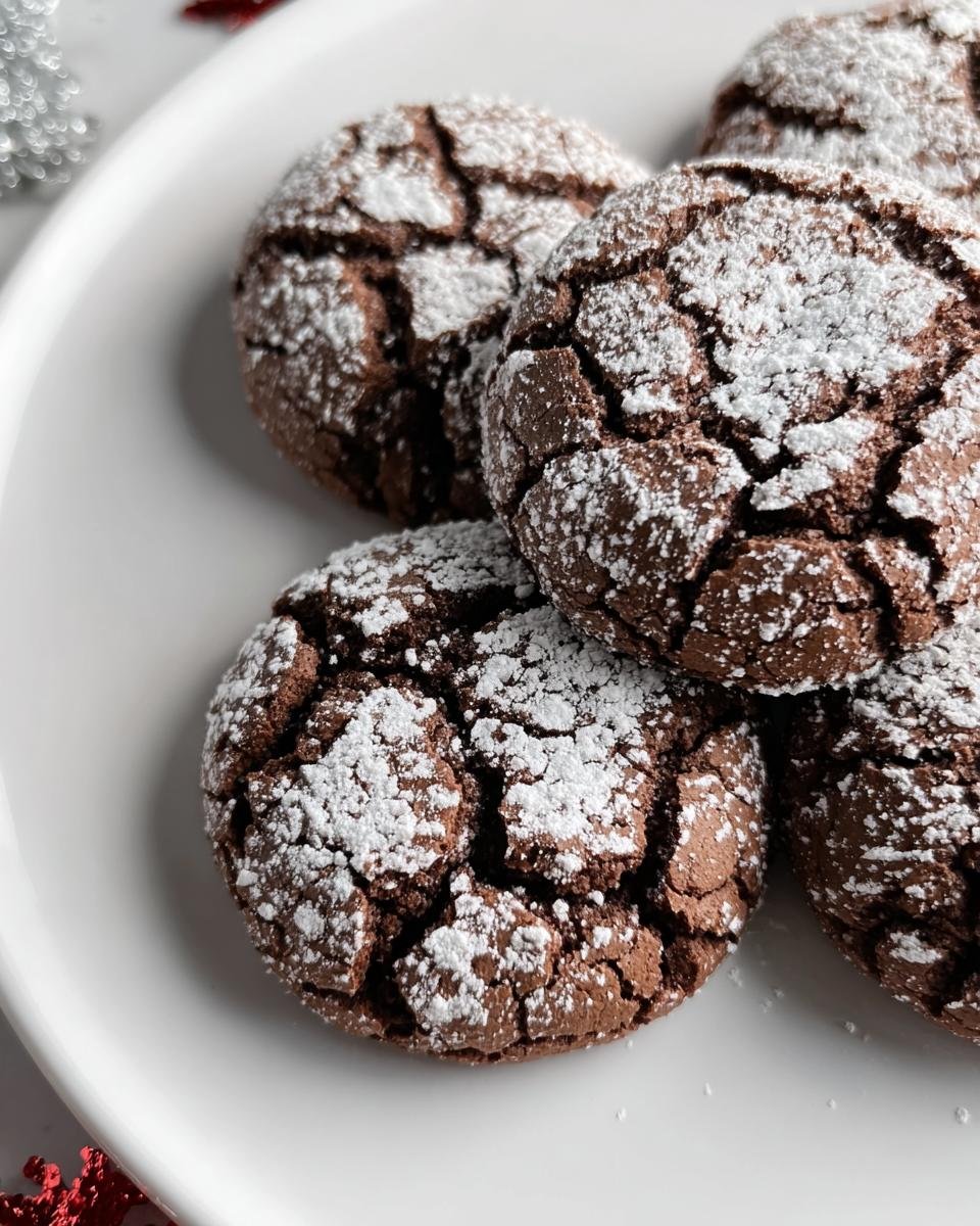 Close-up of several Chocolate Crinkle Cookies dusted with powdered sugar on a white plate.
