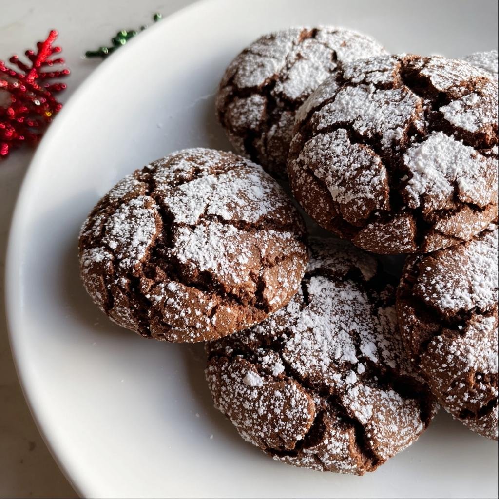 A plate of freshly baked Chocolate Crinkle Cookies, generously dusted with powdered sugar.