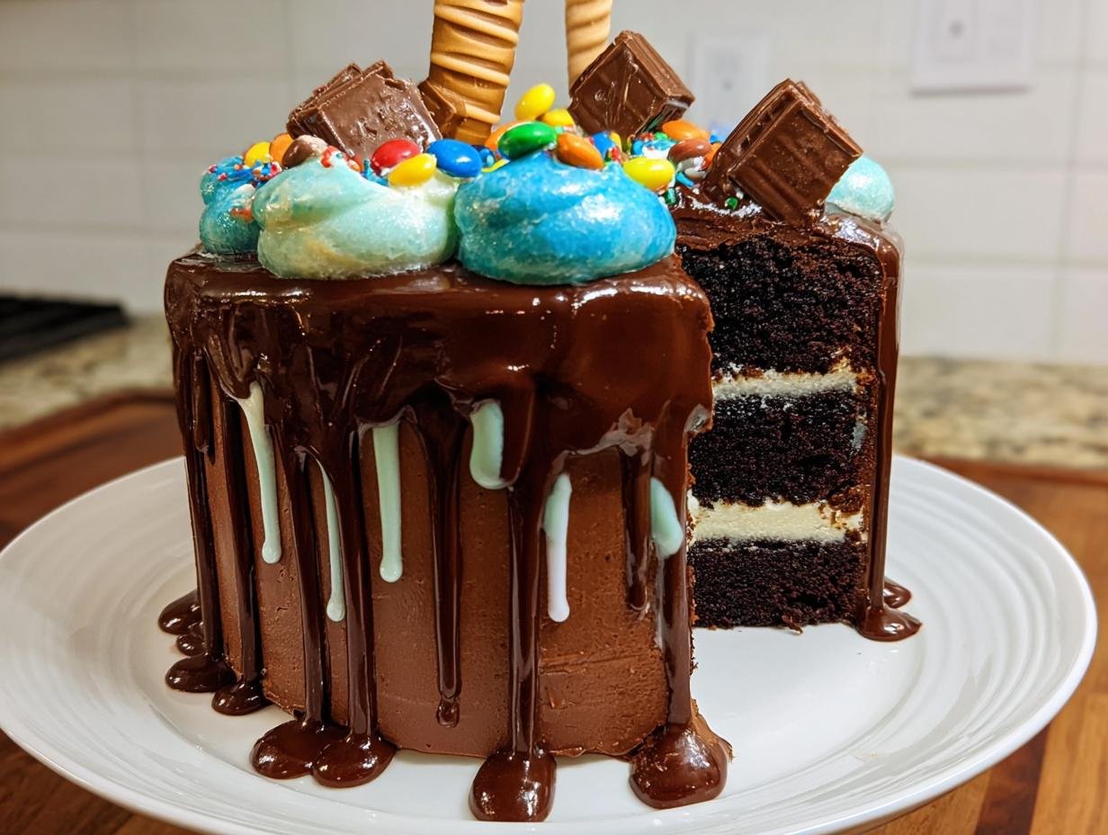 A decadent slice of Chocolate Drip Cake Party Ready showing rich layers and glossy chocolate ganache drips.