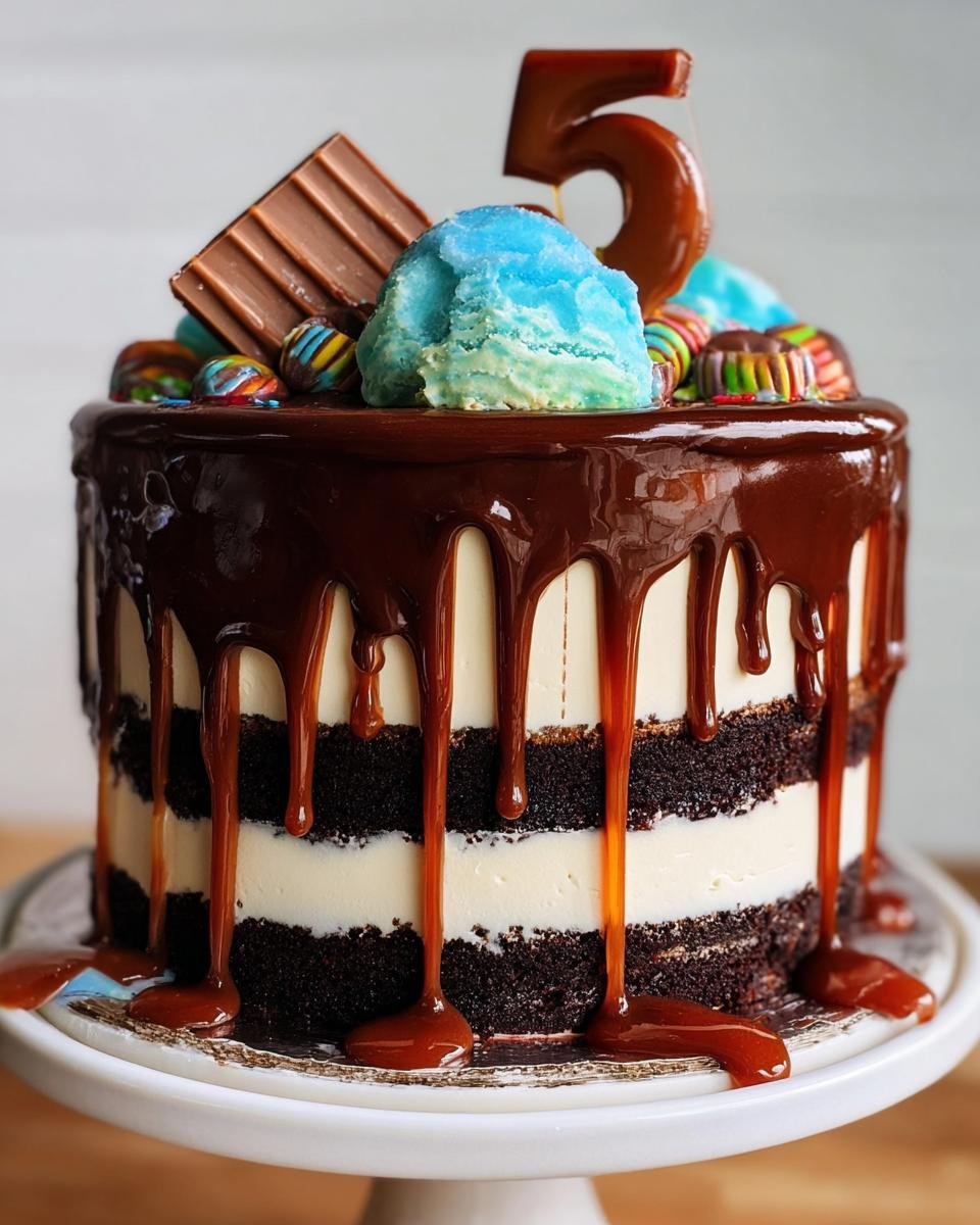 A stunning Chocolate Drip Cake Party Ready featuring layers of dark cake and white frosting, topped with caramel drip, blue candy, and a '5' candle.