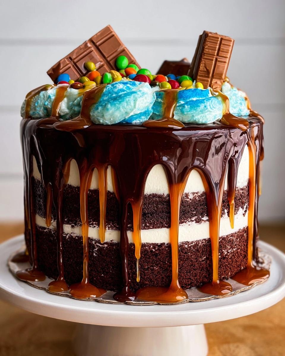 A stunning Chocolate Drip Cake Party Ready featuring layers of dark cake, white frosting, and dripping chocolate and caramel ganache.