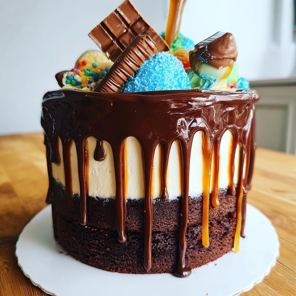 A decadent Chocolate Drip Cake Party Ready featuring dark chocolate ganache drips over white frosting and loaded with candy bars and colorful sprinkles.
