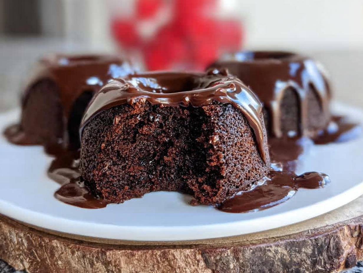 Close-up of a rich chocolate Mini Bundt Cake with a bite taken out, dripping with chocolate glaze.