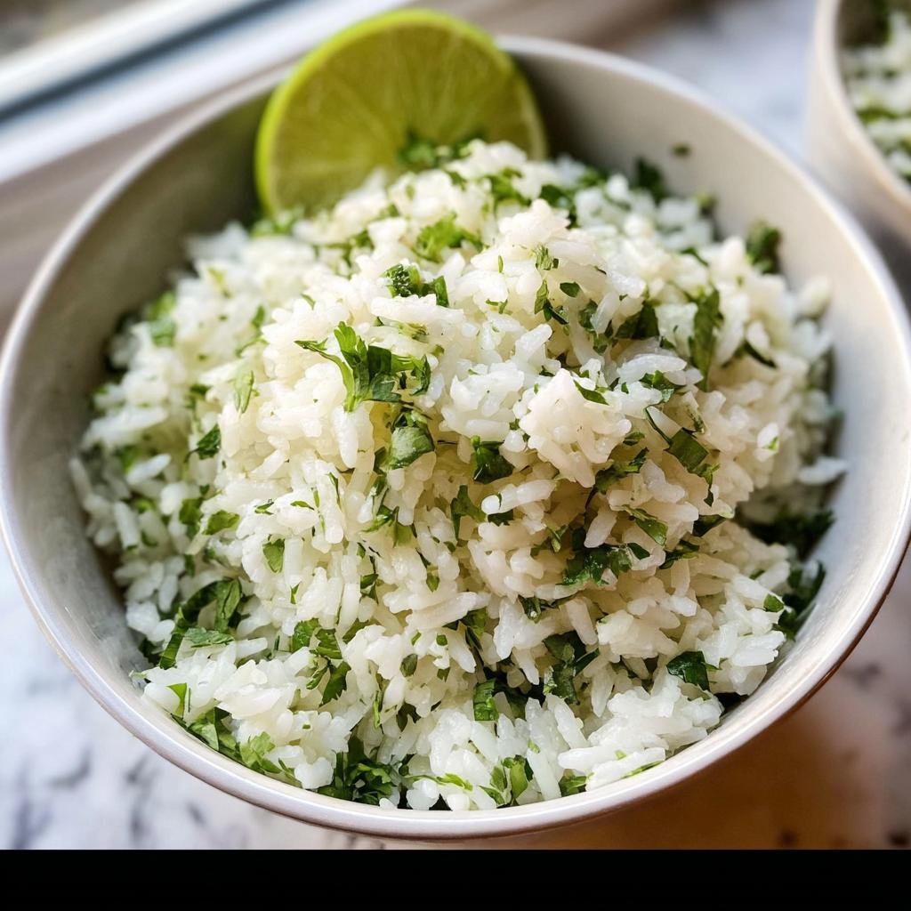Close-up of fluffy Cilantro Lime Rice Restaurant Style garnished with fresh cilantro and a lime wedge.