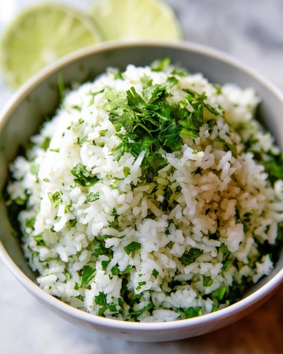 Close-up of fluffy Cilantro Lime Rice Restaurant Style topped with fresh cilantro in a light gray bowl.