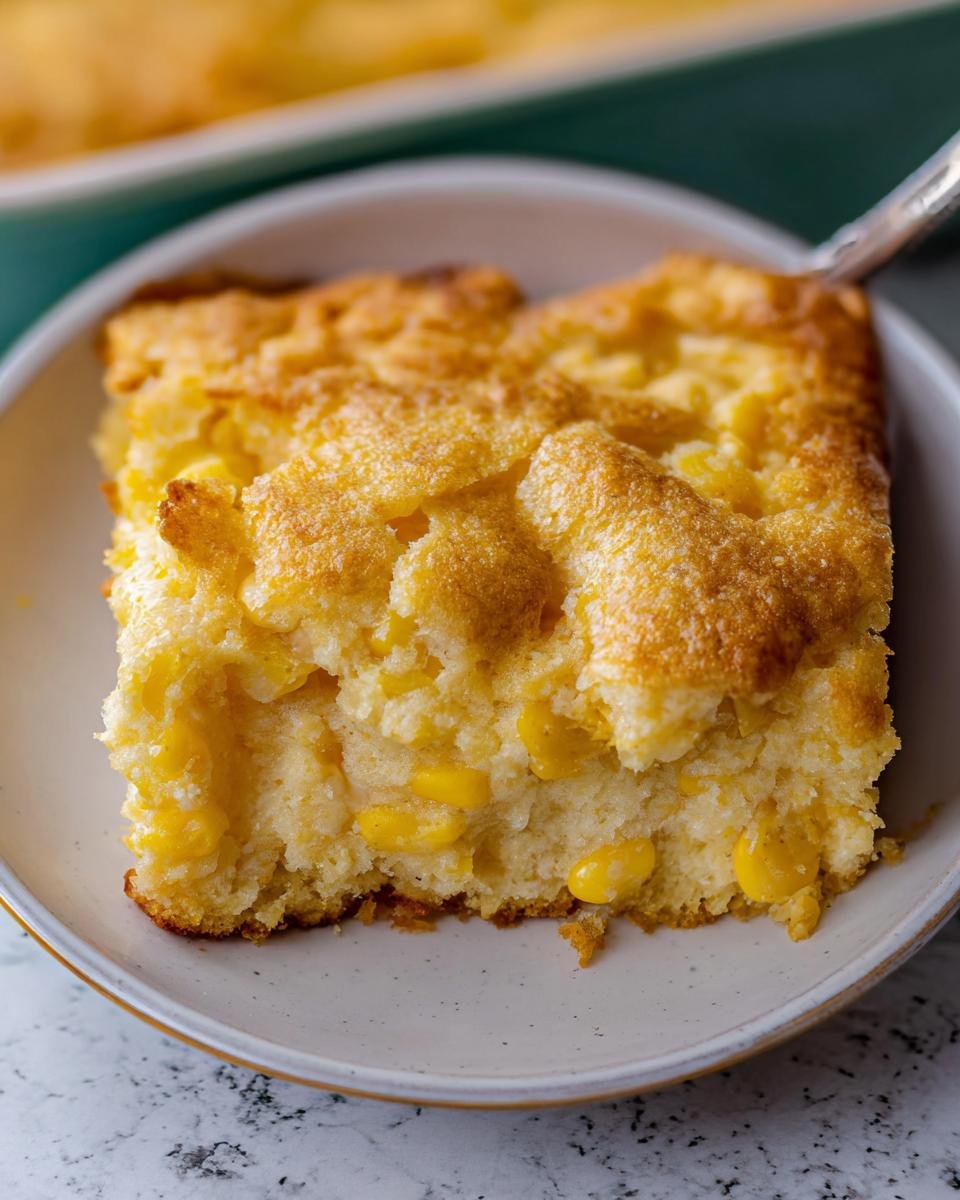 A close-up shot of a moist, golden slice of Corn Casserole Five Ingredient being served onto a small plate.