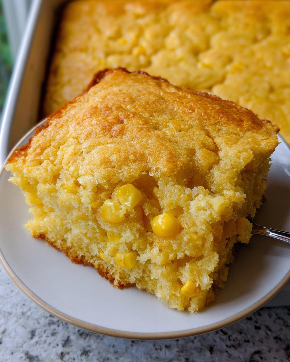 A moist, square slice of golden Corn Casserole Five Ingredient served on a white plate.