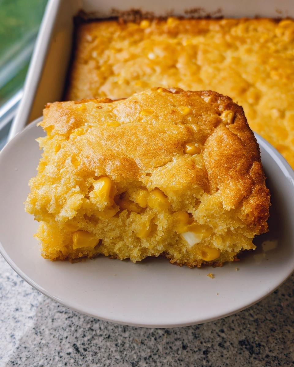 A close-up of a golden slice of moist Corn Casserole Five Ingredient on a white plate.