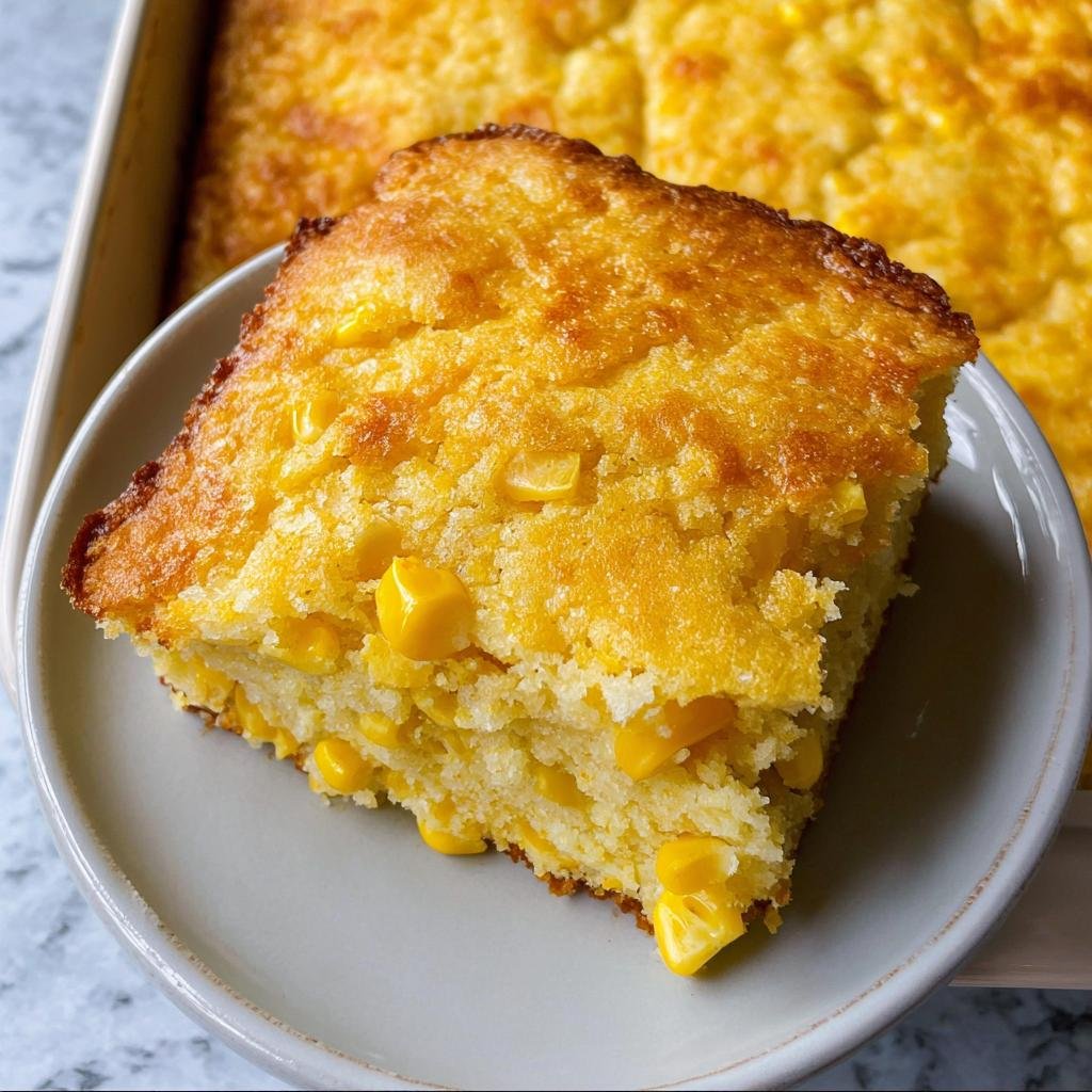 A moist, square slice of Corn Casserole Five Ingredient served on a small plate, showing whole corn kernels.