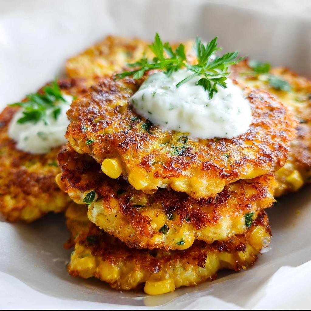 A stack of golden brown Corn Fritters Crispy Outside Tender Inside topped with a dollop of white sauce and parsley.
