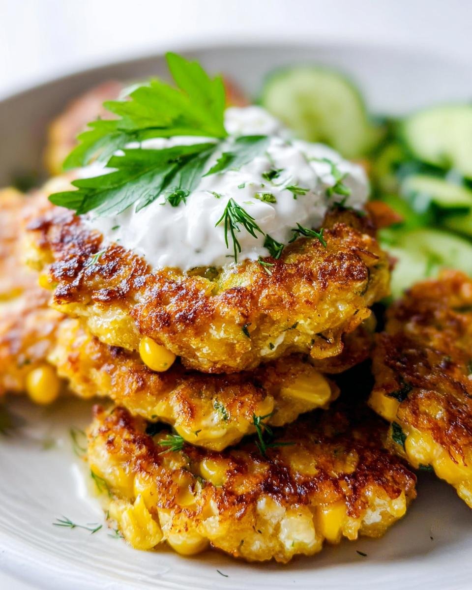 A stack of golden brown Corn Fritters Crispy Outside Tender Inside topped with creamy sauce and fresh parsley.