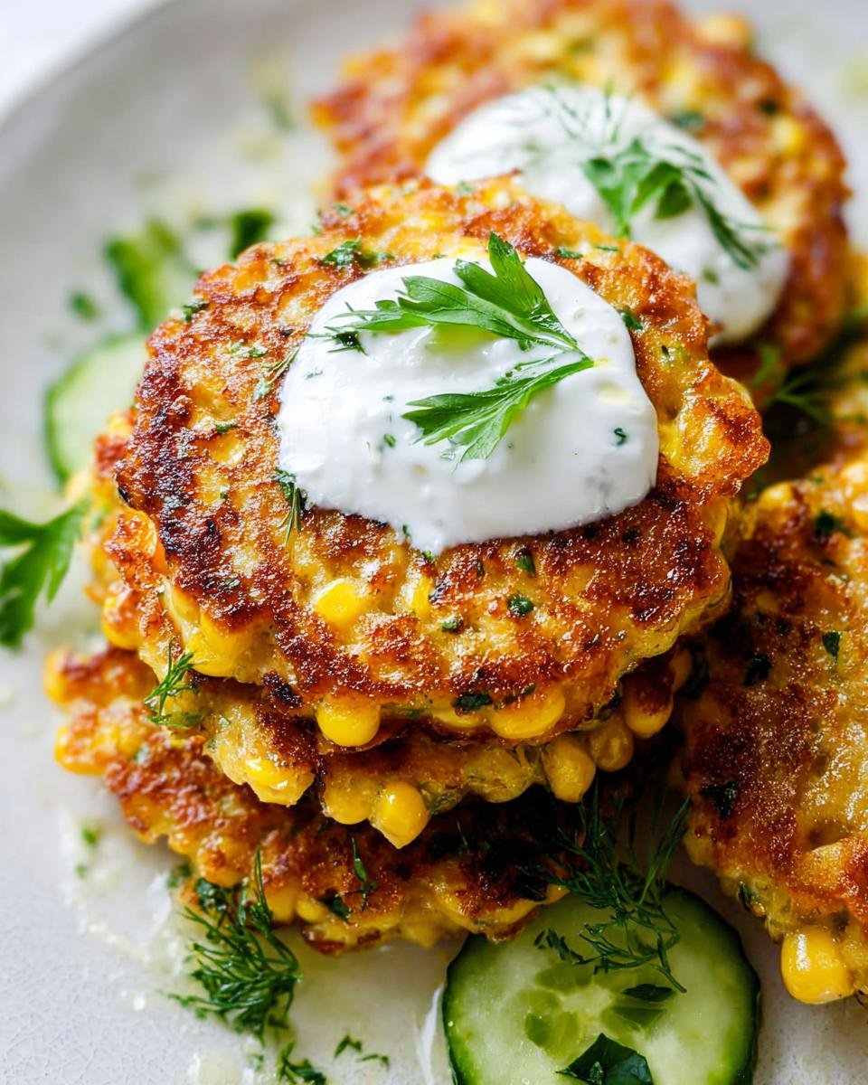 Stack of golden brown Corn Fritters Crispy Outside Tender Inside topped with sour cream and parsley.