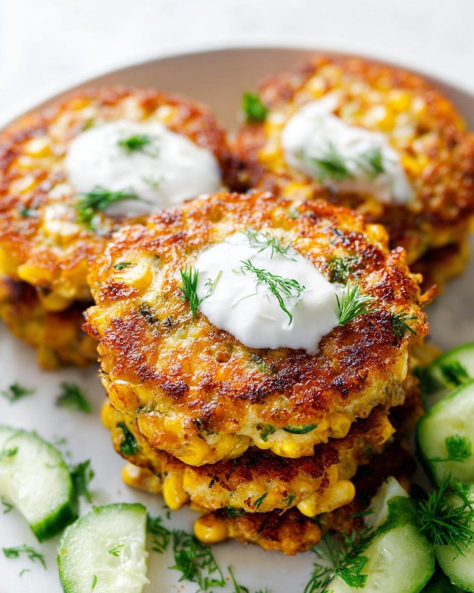 A stack of golden brown Corn Fritters Crispy Outside Tender Inside topped with sour cream and dill.