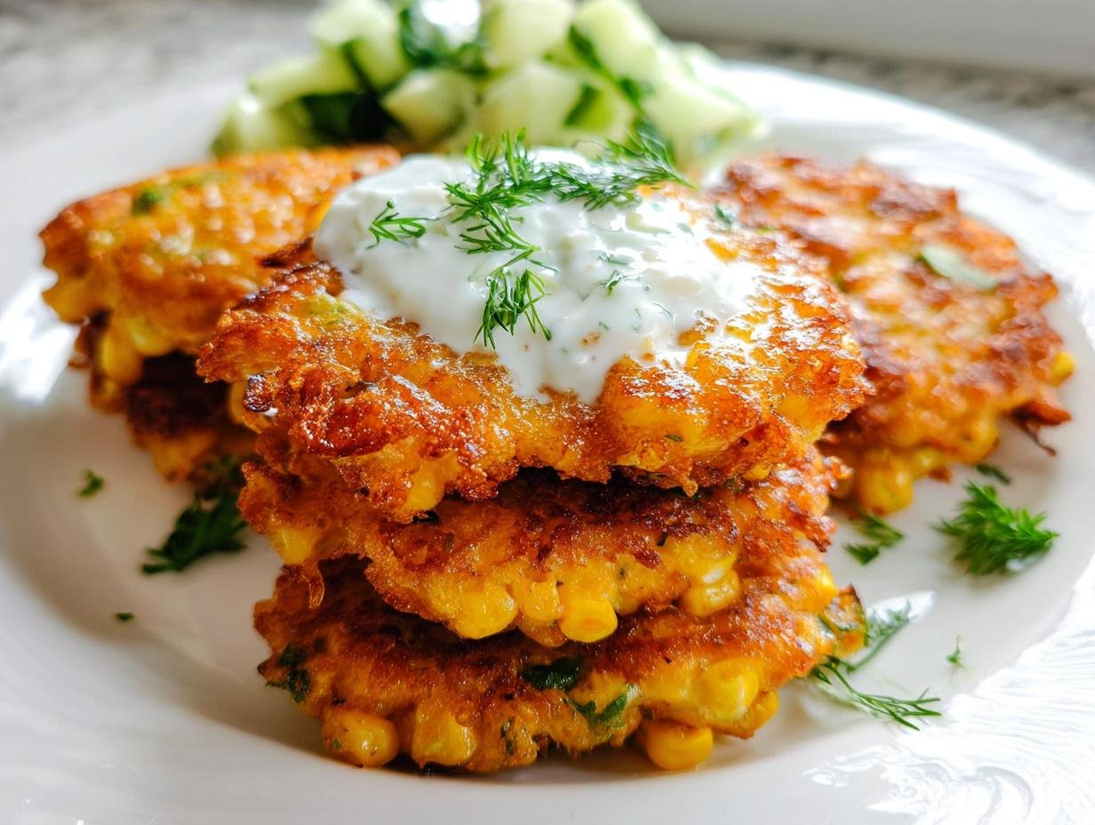 A stack of golden brown Corn Fritters Crispy Outside Tender Inside topped with white sauce and dill.
