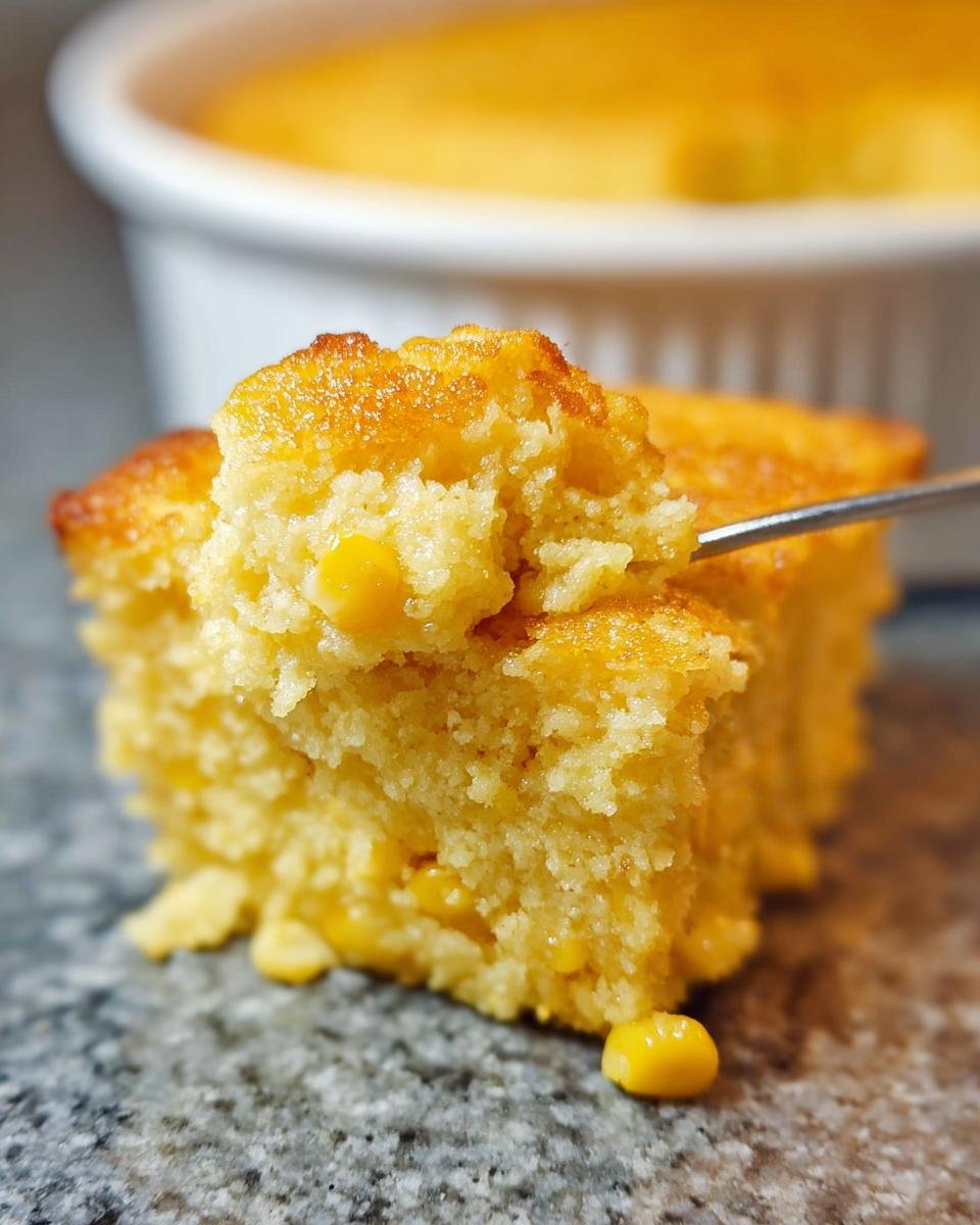 A fork lifts a bite from a square of moist Corn Pudding Holiday Favorite, showing whole corn kernels.